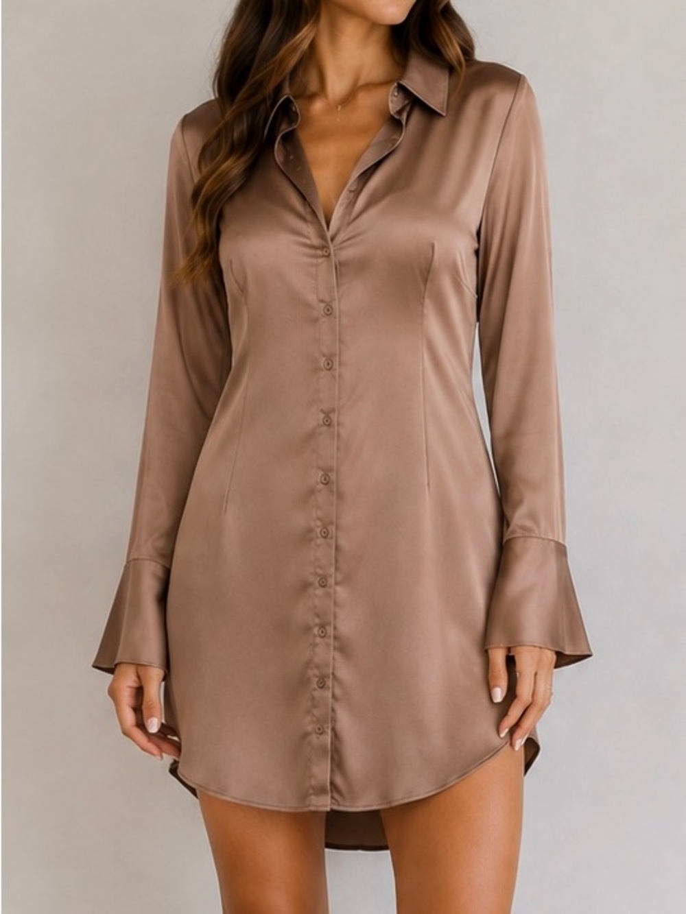 Abercrombie & Fitch Satin Button-Front Mini Dress in brown